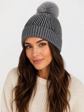 Forte Cashmere silver graympom pom hat NWT